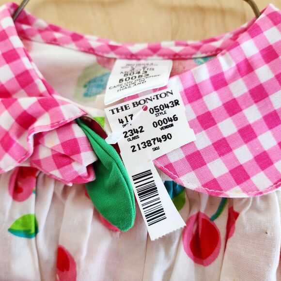 Vintage Bon-Ton Baby Girls 3-6M Bubble Romper Pink Red Cherries Plaid Collar NWT - Picture 5 of 7